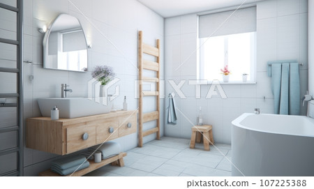 Interior of modern luxury scandi style bathroom with window and white walls. Free standing bathtub, countertop sink on wooden vanity, wall mirror. Contemporary home design. 3D rendering. Interior of modern luxury scandi style bathroom with window and white walls. Free standing bathtub, countertop sink on wooden vanity, wall mirror. Contemporary home design. 3D rendering. 107225388