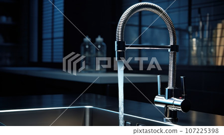 Close-up shot of water tap in modern luxury kitchen. Metal sink, chrome faucet with running water. Beautiful dramatic light, blurred background. Contemporary interior design. 3D rendering. Close-up shot of water tap in modern luxury kitchen. Metal sink, chrome faucet with running water. Beautiful dramatic light, blurred background. Contemporary interior design. 3D rendering. 107225398