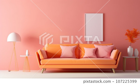 Stylish monochrome interior of modern living room in pastel orange and pink tones. Trendy couch, floor lamp, poster template. Creative home design. Mockup, 3D rendering. Stylish monochrome interior of modern living room in pastel orange and pink tones. Trendy couch, floor lamp, poster template. Creative home design. Mockup, 3D rendering. 107225399