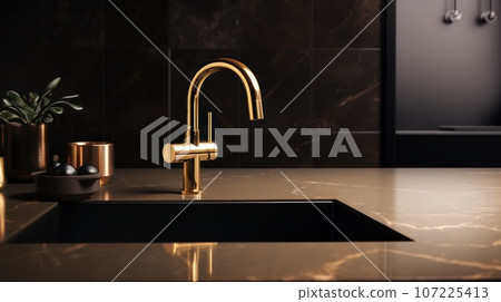 Fragment of a modern luxury kitchen. Black marble countertop with built-in sink, gold faucet, black backsplash, decorative vase in the background. Close-up. Contemporary interior design. 3D rendering. 107225413
