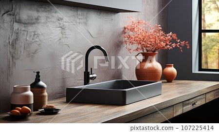 Fragment of modern loft style kitchen. Wooden countertop with black sink and black faucet, gray wall. Various crockery, jags and decorative vases. Contemporary interior design. 3D rendering. Fragment of modern loft style kitchen. Wooden countertop with black sink and black faucet, gray wall. Various crockery, jags and decorative vases. Contemporary interior design. 3D rendering. 107225414
