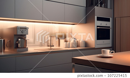 Modern minimalist kitchen interior. Gray flat facades, stone countertop, built-in home appliances, coffee machine, work surface lighting. Dining area. Contemporary home design. 3D rendering. Modern minimalist kitchen interior. Gray flat facades, stone countertop, built-in home appliances, coffee machine, work surface lighting. Dining area. Contemporary home design. 3D rendering. 107225415