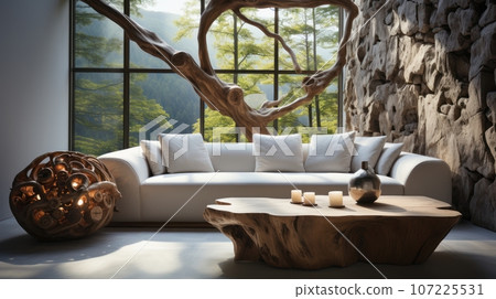 Interior of modern cozy living room with rustic decor in luxury villa. Stylish sofa, rough wooden coffee table, wooden decor, decorative stone wall, panoramic window. Eco home design. 3D rendering. 107225531