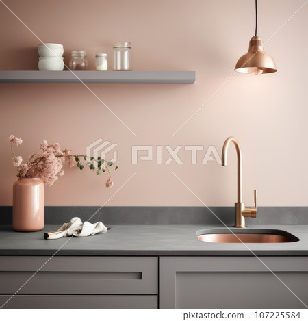Fragment of modern classic kitchen. Gray countertop with built-in sink and gold faucet. Peach tone wall with open shelf, decorative vase. Contemporary interior design. 3D rendering. 107225584