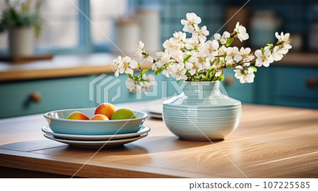 Fragment of modern classic cian kitchen. Wooden dining table, flowering branches in vase, table setting. Close-up, blurry background. Contemporary home design. 3D rendering. 107225585