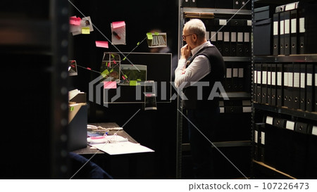 Crime expert reviews forensic evidence in police agency incident room, using classified documents and witness statements to solve case. Detective examining surveillance photos to catch culprit. Crime expert reviews forensic evidence in police agency incident room, using classified documents and witness statements to solve case. Detective examining surveillance photos to catch culprit. 107226473