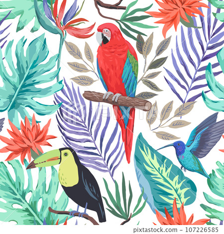 Colorful tropical seamless pattern with exotic birds and flowers. Vector illustration. 107226585