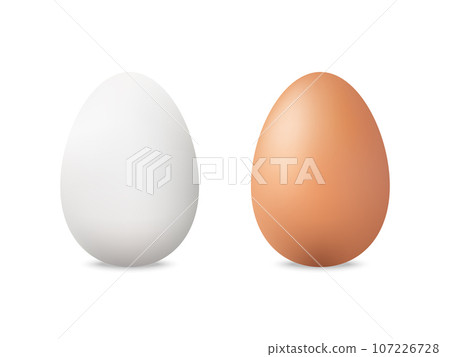 Eggs set. Realistic white and brown chicken eggs. Organic food concept. Whole eggshell with soft shadow. Easter elements mockup on white background. Vector illustration 107226728