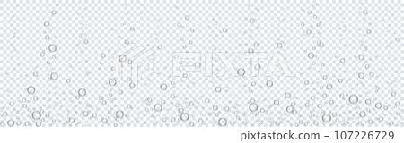 Bubbles underwater. Water sparks. Fizzy air on transparent backdrop. Sparkling water effect. Soda pop with oxygen bubbles. Aquarium or undersea template. Vector illustration 107226729