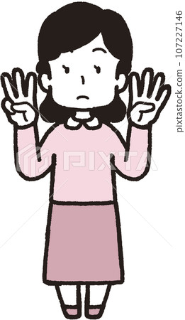 一位女士用左手 4 根手指、右手 3 根手指做 34 個手勢的全身插圖 107227146