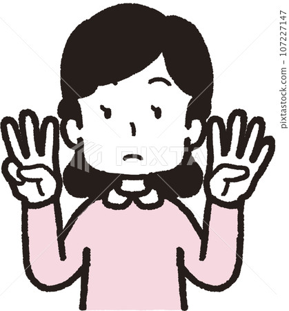 女人上半身做34個手勢的插圖：左手4個手指，右手3個手指 107227147