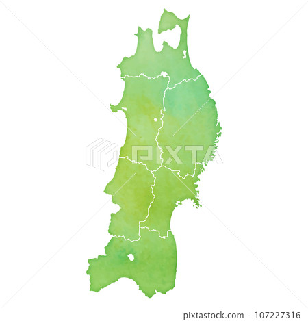 Watercolor style map illustration of the Tohoku region (with prefectural borders) Watercolor style map illustration of the Tohoku region (with prefectural borders) 107227316