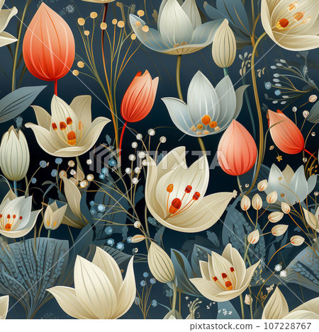 Colorful Snowdrop Flowers vintage style, Seamless pattern, AI generated 107228767