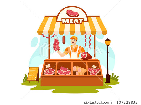 Meat Shop or market Vector Illustration with Various Fresh Meats Products and Sausages of Beef Pork Chicken in Flat Cartoon Background Design 107228832