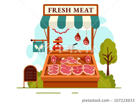 Meat Shop or market Vector Illustration with Various Fresh Meats Products and Sausages of Beef Pork Chicken in Flat Cartoon Background Design 107228833