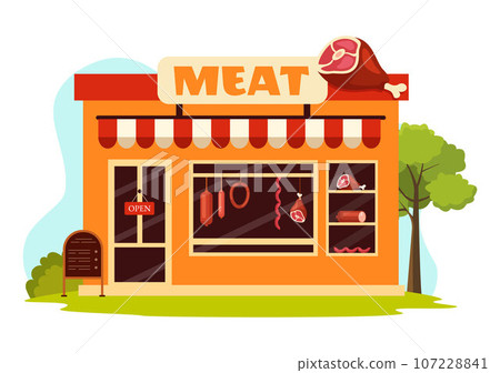Meat Shop or market Vector Illustration with Various Fresh Meats Products and Sausages of Beef Pork Chicken in Flat Cartoon Background Design 107228841