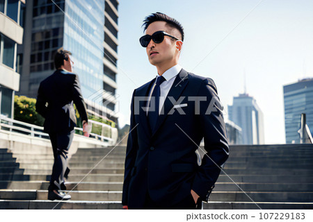Image of a man wearing sunglasses walking down stairs in the city, generative ai 107229183
