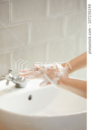beauty concept photo of korean asain beautiful woman washing her hands 107230249