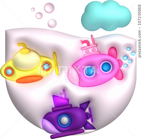 3D illustration Submarine undersea with bubble.Kids toys minimal style. 3D illustration Submarine undersea with bubble.Kids toys minimal style. 107230868