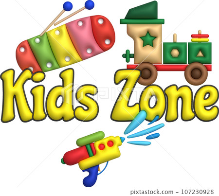 3D illustration letters kid zone, xylophone, water gun and toy train.Kids toys minimal style. 3D illustration letters kid zone, xylophone, water gun and toy train.Kids toys minimal style. 107230928