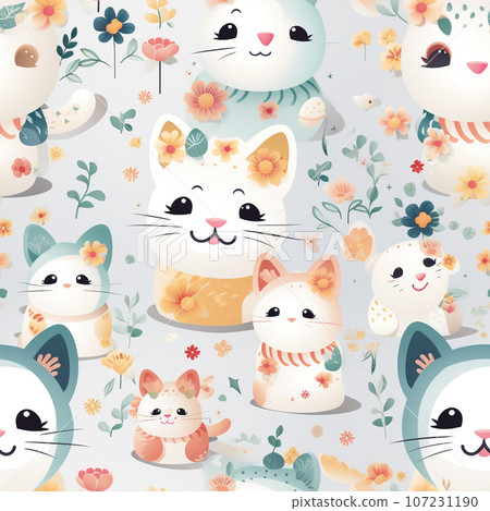 Cat cartoon seamless pattern. Generative AI. 107231190