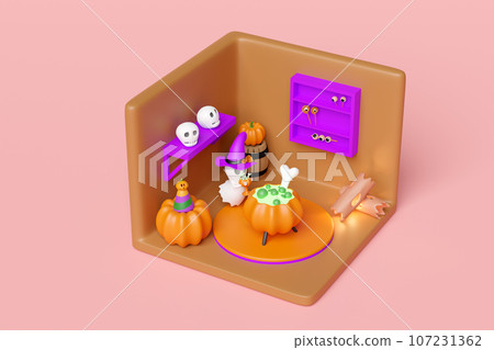 3d isometric room for halloween holiday party with cute ghost hand holding magic cup, cauldron, skeleton, skull, eye isolated on pink background. 3d render illustration 107231362