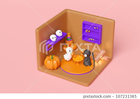 3d isometric room for halloween holiday party with cute ghost, grim reaper hand holding scythe, magic cup pumpkin, skeleton, skull, eye isolated on pink background. 3d render illustration 3d isometric room for halloween holiday party with cute ghost, grim reaper hand holding scythe, magic cup pumpkin, skeleton, skull, eye isolated on pink background. 3d render illustration 107231365