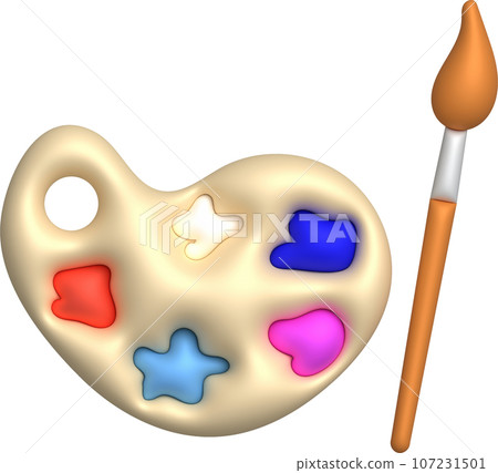 3D illustration coloring equipment Paint tray and brushes. minimal style. 107231501