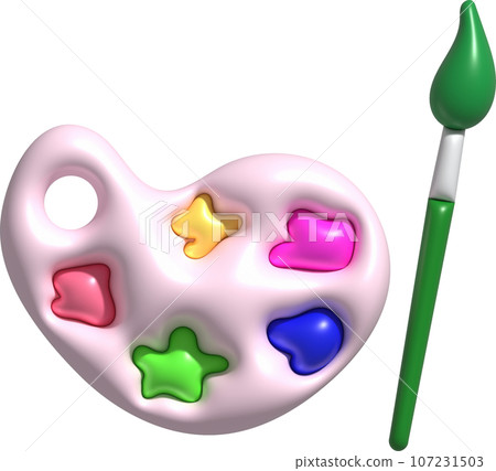 3D illustration coloring equipment Paint tray and brushes. minimal style. 107231503