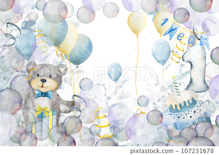 Watercolor illustration hand drawing. Cute cartoon teddy bear with arches, an airplane, gifts and soap bubbles Watercolor illustration hand drawing. Cute cartoon teddy bear with arches, an airplane, gifts and soap bubbles 107231678