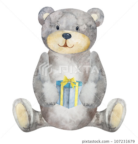 Watercolor illustration, on a white background.Cute cartoon teddy bear with a balloon and a gift Watercolor illustration, on a white background.Cute cartoon teddy bear with a balloon and a gift 107231679