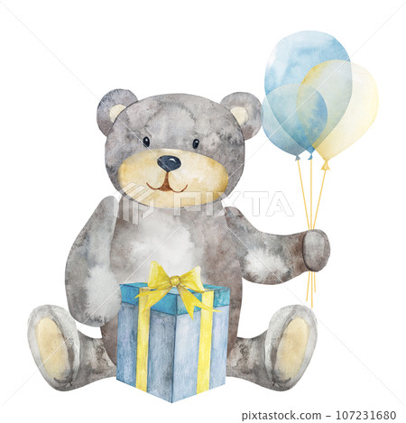 Watercolor illustration, on a white background.Cute cartoon teddy bear with a balloon and a gift Watercolor illustration, on a white background.Cute cartoon teddy bear with a balloon and a gift 107231680