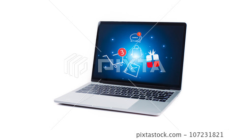 Cart and gift box icon on laptop computer on white background. Online shopping, marketplace platform website, e-commerce technology, dropshipping, logistics, and online payment concept. 107231821
