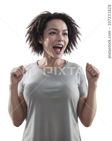 AI-generated image of a dreadlocked woman screaming and doing a fist pump with both hands 107231828
