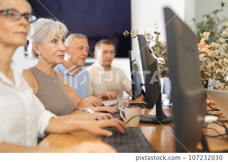 Group of older people studying on computer course Group of older people studying on computer course 107232030