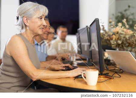 Enthusiastic senior woman attending computer class for older adults 107232116