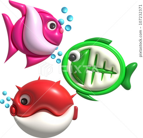 3D illustration Cute underwater animals Sea fish popular color fish. minimal style. 3D illustration Cute underwater animals Sea fish popular color fish. minimal style. 107232371