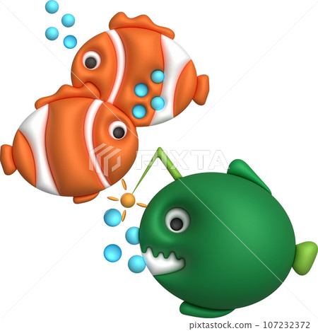 3D illustration Cute underwater animals Sea fish popular color fish. minimal style. 107232372