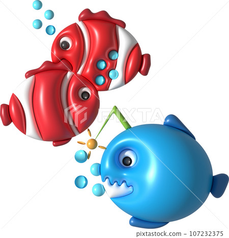 3D illustration Cute underwater animals Sea fish popular color fish. minimal style. 3D illustration Cute underwater animals Sea fish popular color fish. minimal style. 107232375