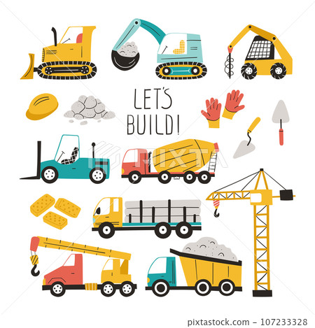 Set of hand drawn construction vehicles 107233328