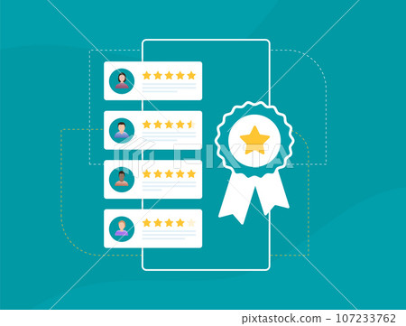 Trusted user reviews business concept. Customer satisfaction with verified rating and real feedbacks. Vector illustration isolated on green background with icons 107233762
