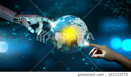 Robot hand and human hand pointing crystal digital world. Global network connection, Big data analytic, Business intelligence and Technology connection, and Artificial Intelligence concept. Robot hand and human hand pointing crystal digital world. Global network connection, Big data analytic, Business intelligence and Technology connection, and Artificial Intelligence concept. 107233770