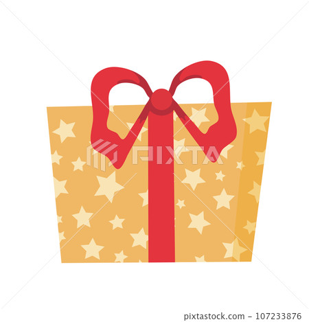 Christmas present, illustration in flat style. Yellow gift box with stars, birthday celebration, icon isolated on white background. Vector design template, card, banner. 107233876