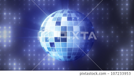 Abstract blue mirrored spinning round disco ball for discos and dances in nightclubs 80s, 90s luminous background Abstract blue mirrored spinning round disco ball for discos and dances in nightclubs 80s, 90s luminous background 107233953