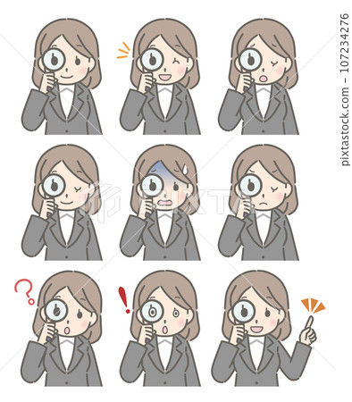 Various facial expressions of a young woman looking through a magnifying glass (suit) 107234276