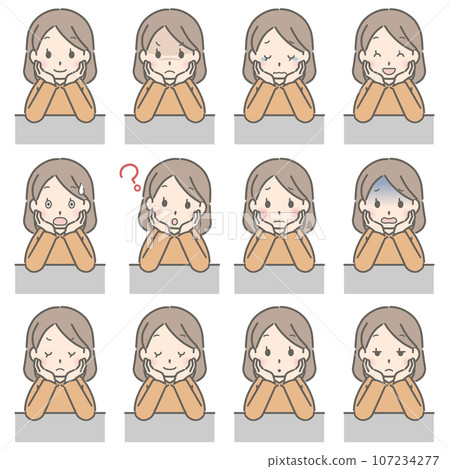 Various facial expressions of a young woman resting her chin on her back (plain clothes) Various facial expressions of a young woman resting her chin on her back (plain clothes) 107234277