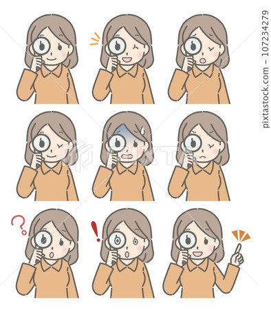 Various facial expressions of a young woman looking through a magnifying glass (plain clothes) Various facial expressions of a young woman looking through a magnifying glass (plain clothes) 107234279