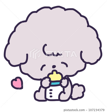 Illustration of a cute toy poodle puppy holding a baby bottle and drinking milk Illustration of a cute toy poodle puppy holding a baby bottle and drinking milk 107234379