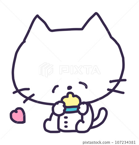 Illustration of a cute white colored kitten holding a baby bottle and drinking milk 107234381