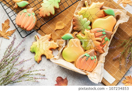 Multicolored autumn homemade cookies in a gift box Multicolored autumn homemade cookies in a gift box 107234853
